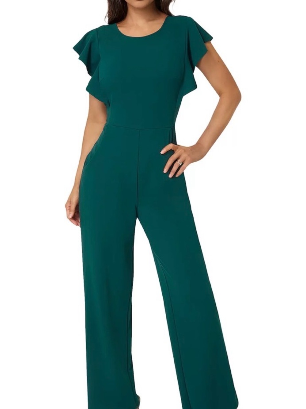 Teal Wide-Leg Jumpsuit with Flutter Sleeves